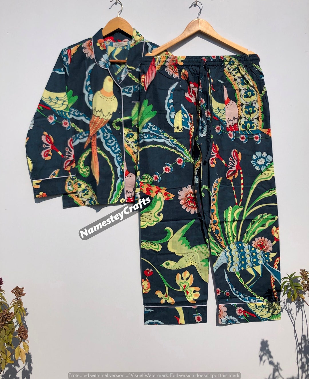 100 Pure Cotton Pyjamas Set, Peacock Bird Print Pjs, Woman's Pure