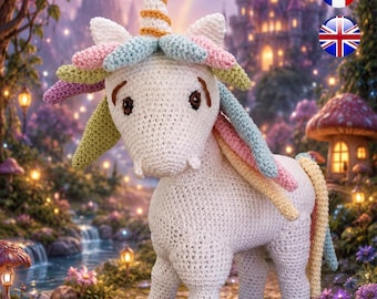 May include: A white crocheted unicorn plush toy featuring a spiraled horn with orange stripes, a multi-colored mane in pastel pink, blue, and green, brown embroidered eyes, and orange-colored hooves on all four legs, standing in a fantasy setting.