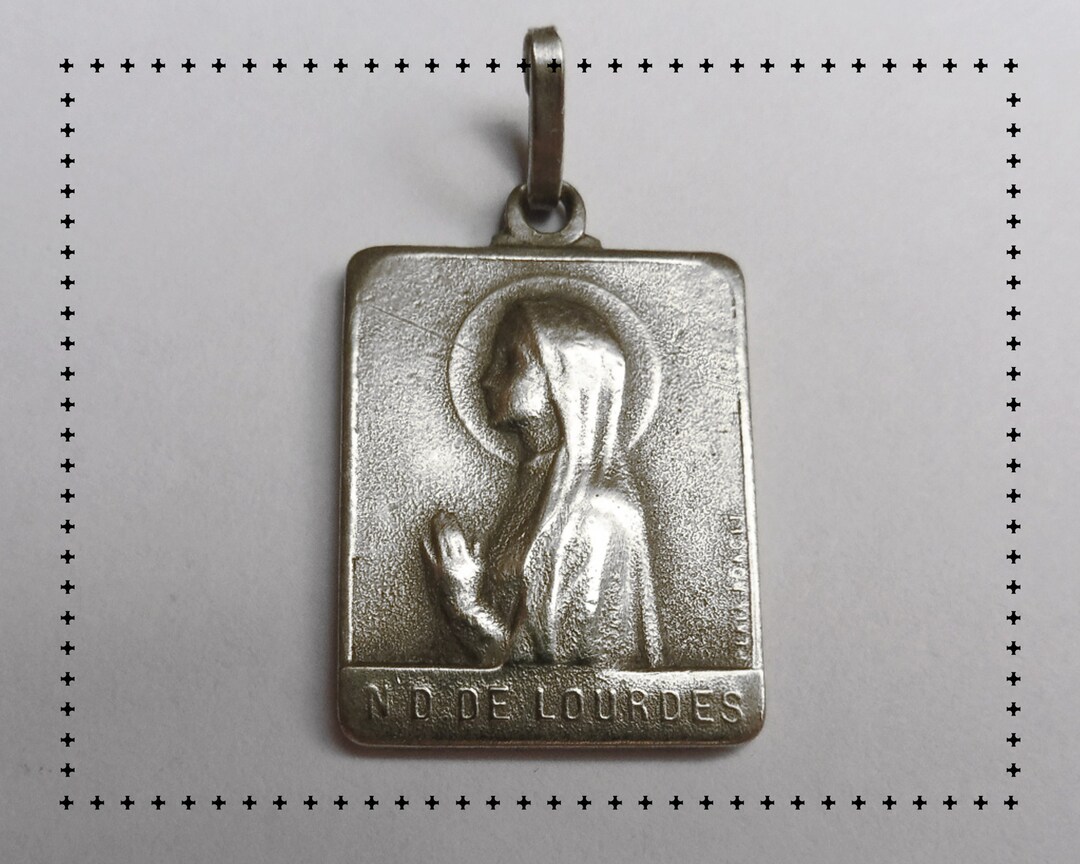 French Antique Medal of Our Lady of Lourdes 1950s Rectangle Jewelry ...
