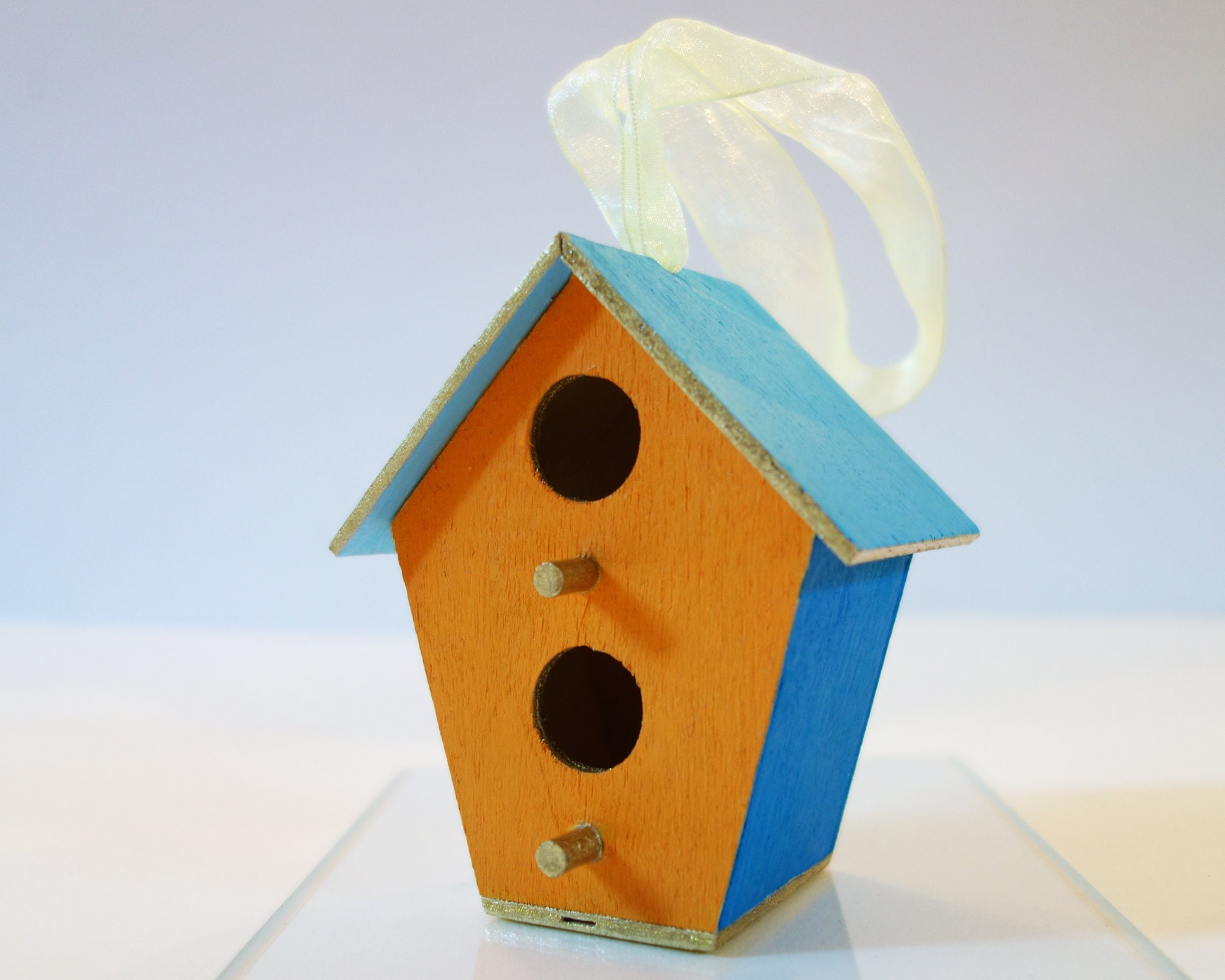 Petit Nichoir Mobile en Bois Decor Graphique Nid d'oiseaux Enfants Bleu Garçon Chambre Bébé Orange B