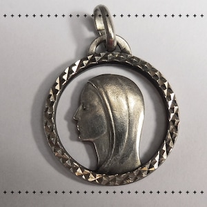 French Antique Openwork Medal of Holy Virgin Mary with geometric Ring Religious Jewelry in Silvery Medallion Vintage Minimalist Pendant