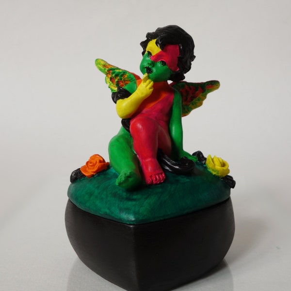 Ange Pop "Cheri Coloris". Petite Statue & Coffret Cœur Vert Noir • Figurine Pop Art Moderne et Decor Art Design • Boite à Bijoux Pop Custom