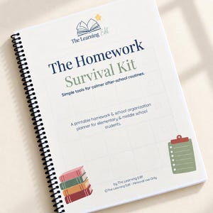 May include: A spiral-bound planner titled The Homework Survival Kit with a white cover featuring a book logo, a stack of four colorful books, and a green clipboard graphic. The text includes Simple tools for calmer after-school routines.