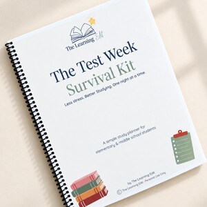 May include: A spiral-bound study planner titled The Test Week Survival Kit. The cover features a book icon with a yellow star, a green clipboard graphic, and a stack of four colorful books. Text includes Less stress. Better Studying. One night at a time.