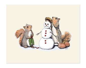 Squirrels Decorating Snowman Art Print, Whimsical Winter Animal Drawing (8x10 Unframed)
