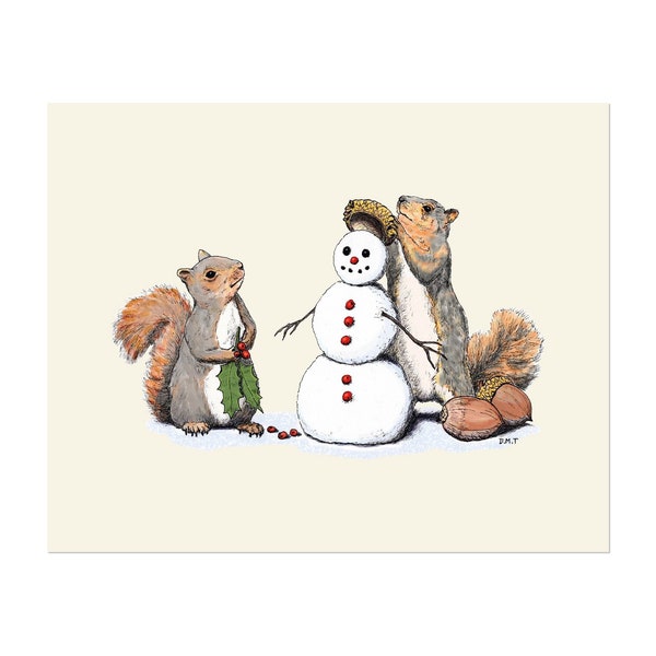 Holiday Trimmings 8x10 unframed squirrels and snowman art print Winter Christmas Animal Drawing, home wall decor