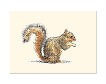 Ardilla sentada, impresión de regalo de arte 5x7 Ilustración de acuarela animal, decoración de la pared del hogar