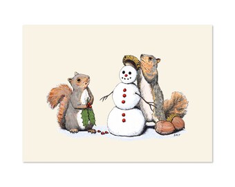 Squirrels Decorating Snowman Art Print, Winter Christmas Illustration (5x7)
