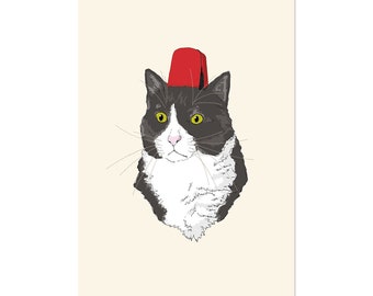 Fez Hat Cat, art print 5x7 Animal Illustration, home wall decor