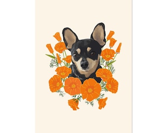 Poppy Dog, Chihuahua art print 5x7 Animal Floral Illustration, home wall decor