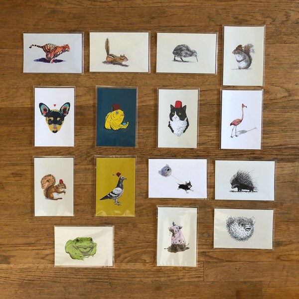 15 Animal Postcard Set A, 4x6 Animal Illustration, small prints, postcard set