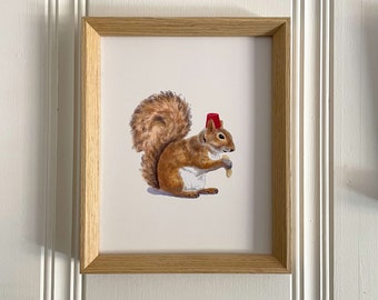 Fez Hat Squirrel, art print 8x10 Animal Illustration, home wall decor