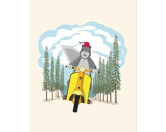 Squirrel on a Scooter, 8x10 unframed art print Animal Illustration, home wall decor