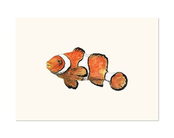 Clownfish, fish art print 5x7 Animal Watercolor Illustration, home wall decor