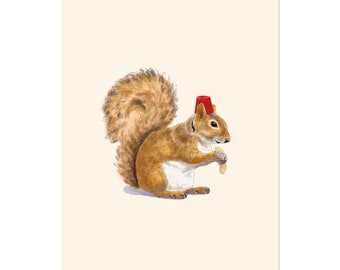 Fez Hat Squirrel 8x10 unframed art print Animal Illustration, home wall decor