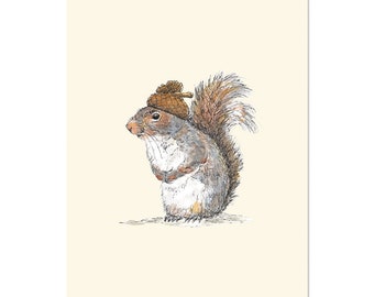 Squirrel with an Acorn Hat 8x10 unframed art print Animal Illustration, home wall decor
