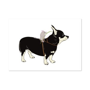 Mouse Rider, Chihuahua dog and Mouse art print 5x7 Animal Illustration, home wall decor