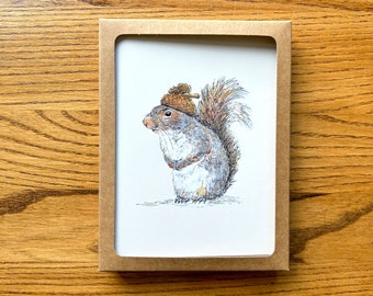 Squirrel Acorn Hat Card Set, Watercolor Art Stationery