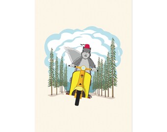 Squirrel on a Scooter, art print 5x7 Animal Illustration, home wall decor