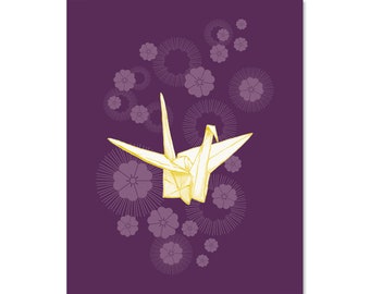 Origami Crane Art Print, Cherry Blossoms, Japanese Illustration (8x10 Unframed)
