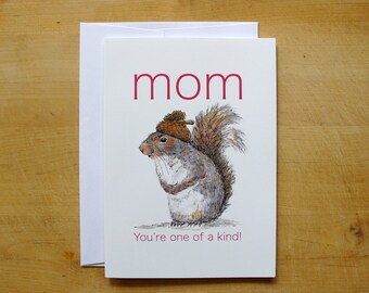Squirrel Acorn Hat Mom Card, Watercolor Greeting Card (5x7)