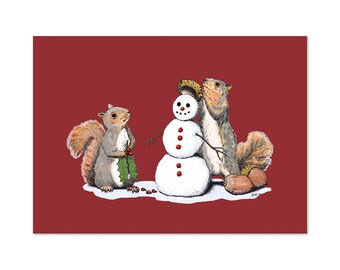 Squirrels Decorating Snowman Art Print, Winter Christmas Illustration 5x7