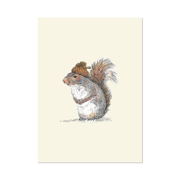 Squirrel with an Acorn Hat, art print 5x7 Animal Watercolor Illustration, home wall decor