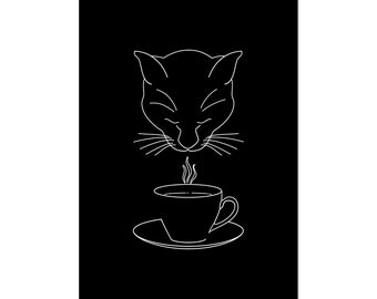 Coffee Lover Cat, art print 5x7 Animal Illustration, home wall decor