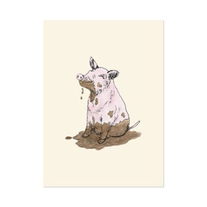 Filthy Pig, art print 5x7 Whimsical Animal Watercolor Illustration, home wall decor