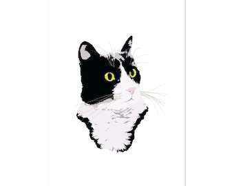 Regal Tuxedo Kitty Cat, Bright White, art print 5x7 Animal Illustration, home wall decor