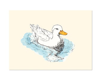 White Duck, bird art gift print 5x7 Animal Watercolor Illustration, home wall decor