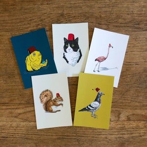 Fez Hat Animal Postcards, 4x6 Animal Illustration, small prints, postcard set #2