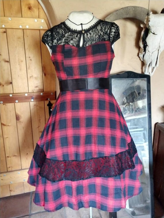 Vintage Inspired Red and Black Plaid Dress with La