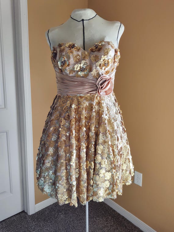 Gold Flower Sequins and Rhinestone Formal Dress Landmark