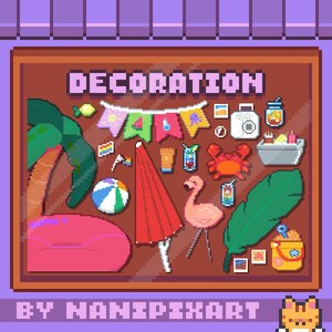 May include: A pixel art image featuring the word "DECORATION" and summer-themed icons. Includes a palm tree, beach ball, red parasol, flamingo, and other beach-related objects. The text at the bottom reads "BY NANIPixART".