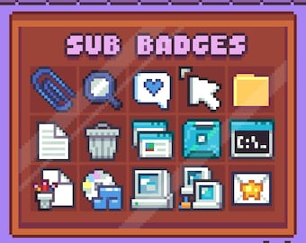 15 Emblemas de Sub de Pixel de Computador Retrô | Conjunto de Emblemas de Streamer do Twitch | Download Instantâneo | Ícones Fofos de Tema de Tecnologia | NaniPixArt