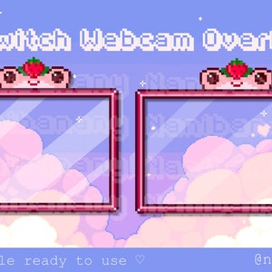 May include: A pink and white pixel art Twitch webcam overlay with a strawberry-topped frog character. The overlay features a pink frame with a cloudy background.