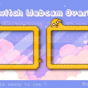 May include: A Twitch webcam overlay with a yellow frame and a pixelated design of clouds and stars. The overlay features a cartoon dog character with glasses.