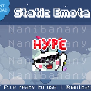 May include: A digital graphic with a pixelated character wearing sunglasses and the word "HYPE" in red. The words "Static Emote" and "Instant Download" are also present. The background is a pixelated sky with clouds.