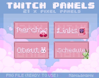May include: Four pink pixel art buttons with white text and icons. The buttons read "Merch", "Links", "About", and "Schedule".
