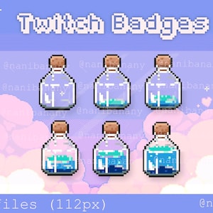 Puede incluir: Seis insignias de Twitch en pixel art que representan botellas de vidrio con líquido azul y blanco en su interior. Las botellas tienen tapones de corcho y están dispuestas sobre un fondo pastel rosa y azul con nubes. El texto "Twitch Badges" está en la parte superior de la imagen. El texto "@nanibanany" está en la parte inferior de la imagen.