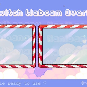 May include: Two red and white striped frames with a pixelated design, set against a pastel blue background with white clouds. The text "Twitch Webcam Overlay" is at the top of the image.