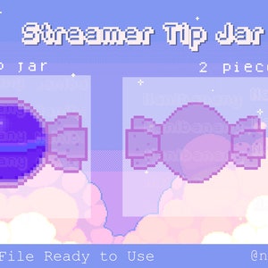 Puede incluir: Un tarro de caramelos de arte de píxeles morado y rosa con el texto "Streamer Tip Jar" y "Tip Jar" en blanco. El tarro está en dos piezas, una con un caramelo morado y la otra con un caramelo rosa. El texto "2 piezas" también está incluido en blanco.