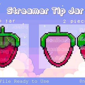 Könnte beinhalten: Zwei pixelkunstige Erdbeer-Tipp-Gläser, eines mit rosa und eines mit rotem Innenraum. Die Gläser sind grün und rot mit einem pixeligen Design. Der Text "Streamer Tip Jar" und "2 pieces" ist im Bild sichtbar.