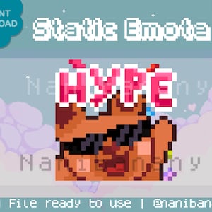 May include: A pixel art emote of a brown-skinned person wearing sunglasses and a pink hat with the word "HYPE" on it. The background is a light blue with white clouds.