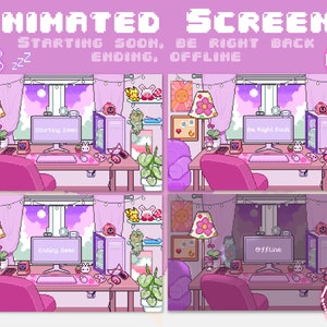 4 x Escenas de escritorio para gamer con diseño de neón rosa pastel kawaii de píxeles animados acogedores de Lofi, con inicio pronto, regreso enseguida, finalización y sin conexión