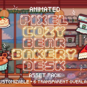 May include: Animated pixel art asset pack for a cozy bear bakery. The pack includes a bakery counter, a coffee machine, a cake, a cupcake, and a slice of cake. The text "Animated Pixel Cozy Bear Bakery Desk Asset Pack Customizable + 6 Transparent Overlays" is displayed on the image.