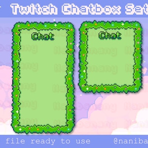 May include: Two green chat boxes with a pixelated border and the word "Chat" in white text. The boxes are set against a background of pastel pink and purple clouds.