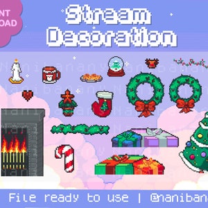 May include: A set of 16 pixel art Christmas decorations, including a fireplace, a Christmas tree, wreaths, presents, candy canes, and a snow globe. The decorations are in a variety of colours, including red, green, white, and brown. The decorations are perfect for adding a festive touch to your stream.