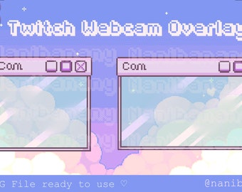 May include: A digital overlay for Twitch featuring two transparent windows with a pastel sky and cloud background. The windows have a purple title bar with the word "Com" and minimize, maximize, and close buttons. The text "Twitch Webcam Overlay" is at the top of the image.